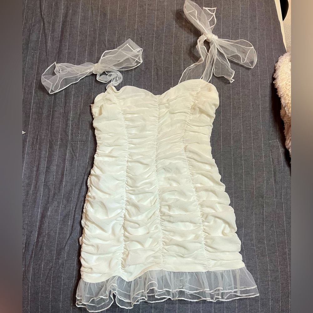 White Ruched Homecoming Dress with Sheer Accents